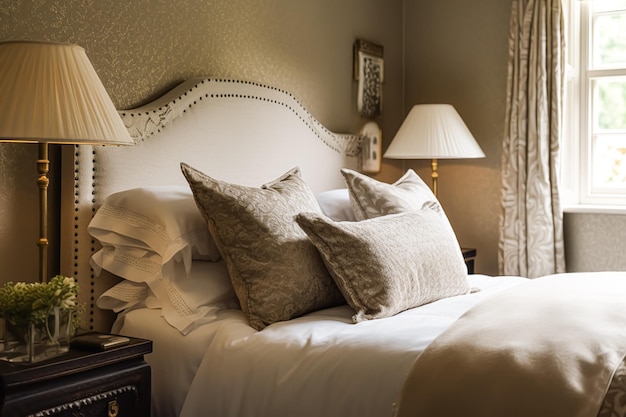 Landelijke slaapkamer inrichting interieur en vakantieverhuur bed met elegant beddengoed en antiek meubilair Engels landhuis en cottage-stijl generatieve ai