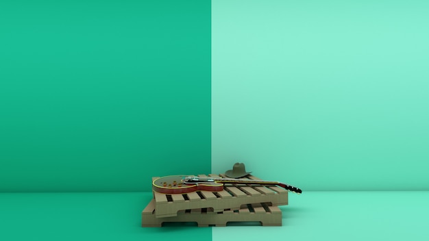 landelijke stijl en elektrische gitaar op pallethout in pastelkleur