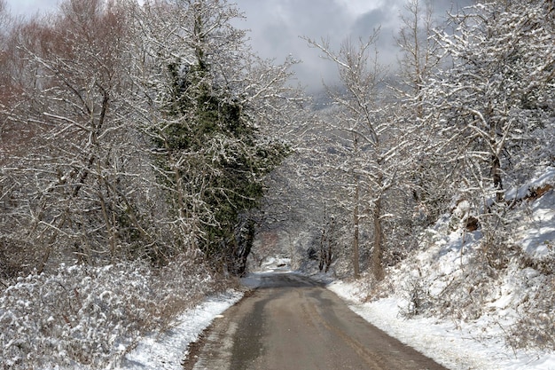 Landelijke weg in de pittoreske bergen op een winterdag Griekenland Peloponnesos