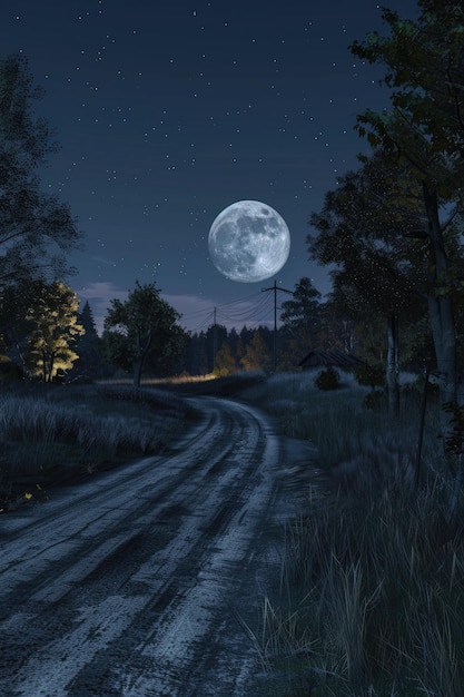 Foto landelijke weg's nachts met grote maan