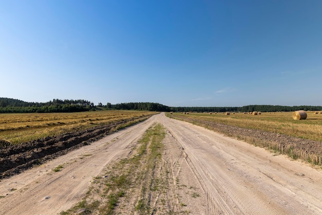 Landelijke weg voor auto's en transportsporen en sporen van auto's op een zandweg in landelijke gebieden