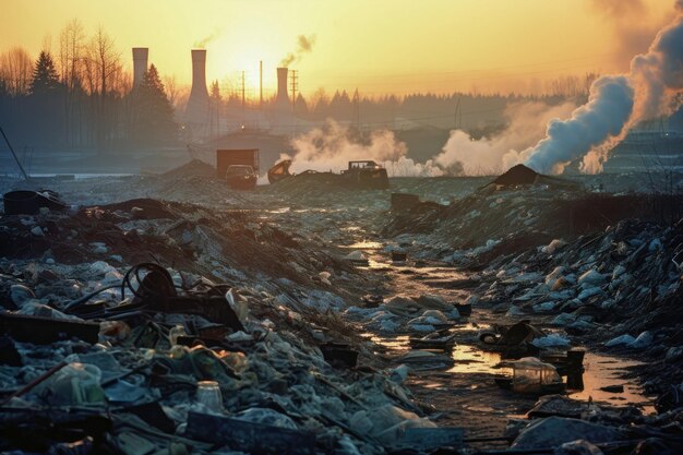 Photo landfill emissions haunting expanse of a landfill site with the fading sunlight