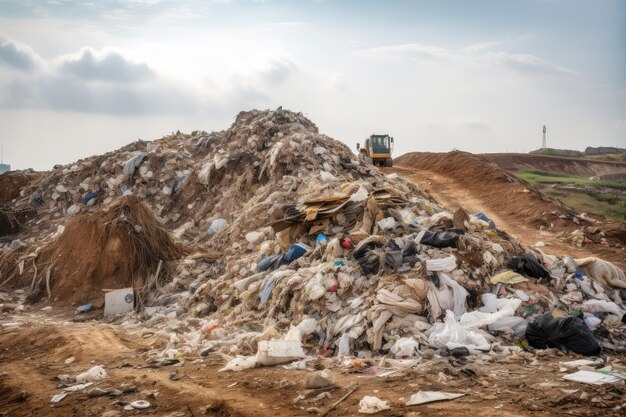 A landfill overflowing with waste spilling onto the ground