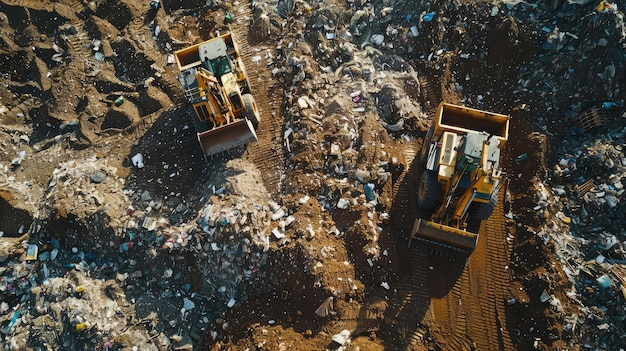 Photo landfill site with bulldozers compacting trash and covering it with soil depicting waste disposal and landfill management practices