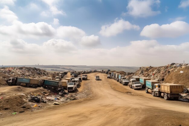 Landfill site with trucks coming and going bringing new waste to be disposed