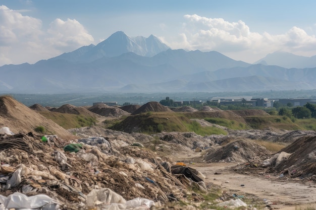 Landfill surrounded by natural landscape with mountains in the background