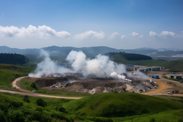 Landfill surrounded by natural landscape with visible smoke rising from the facility