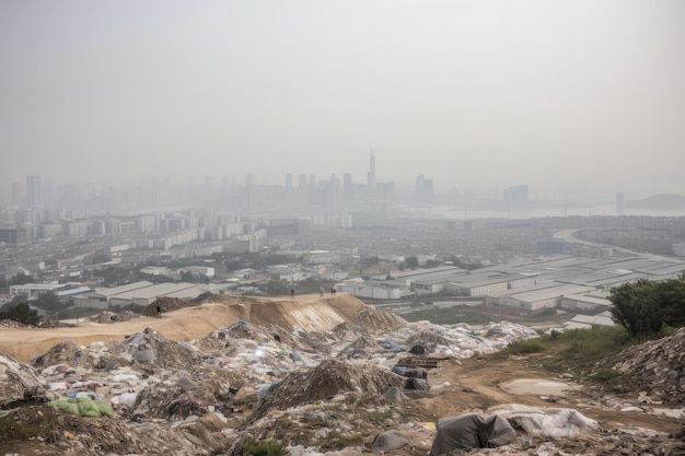 A landfill with a view of the cityscape with skyscrapers and smog visible in the background