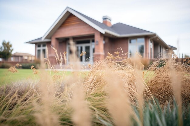 Foto landhuis van baksteen en hout omgeven door hoog gras