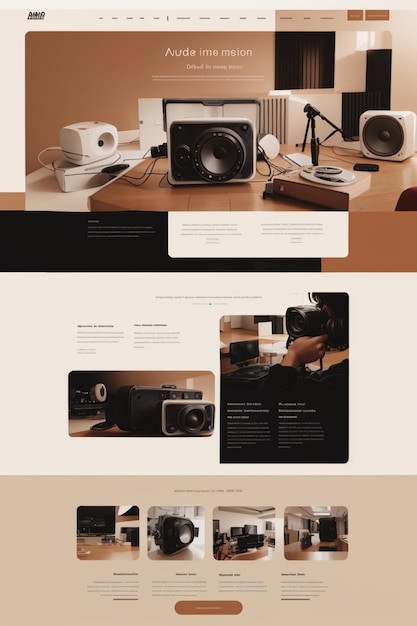 a landing page about audiovisual with elements of filming and sound that has the colors light brown