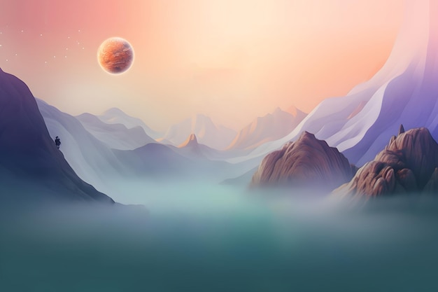 landing page background design with mountain and sky in soft pastel colors