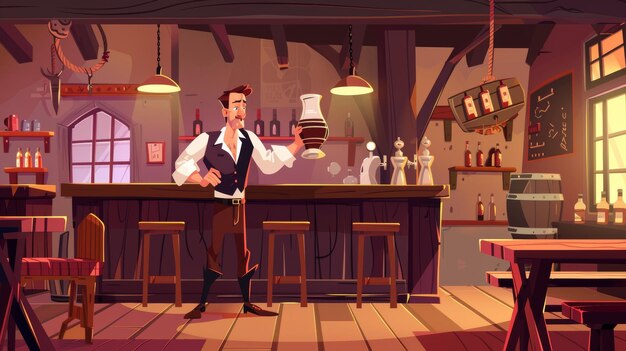 Foto la pagina di destinazione per un vecchio interno di taverna con un barista che tiene una vasca di legno e i commensali che cenano un invito a un pub antico con una scrivania, panchine e tavoli