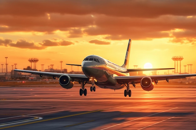 夕暮れの黄金の空に飛行機を着陸させ夕暮りの光に乗客機を飛ばす