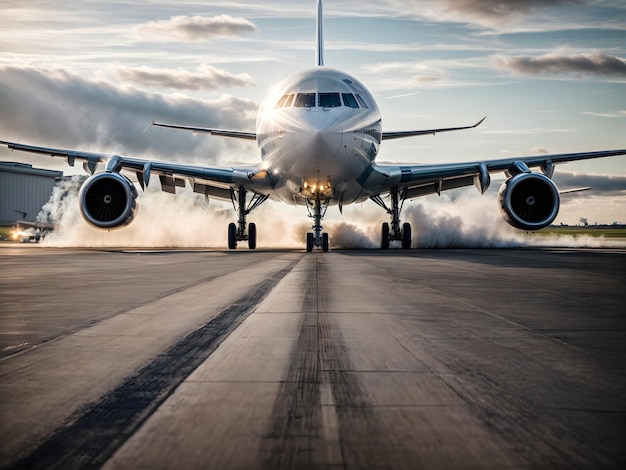 A landing scene of a big airplane