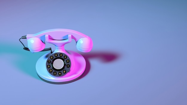 Telefono di rete fissa in viola illuminazione al neon da vicino, 3d'illustrazione