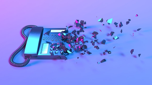 Landline phone in purple neon lighting falling into small parts, 3d illustration