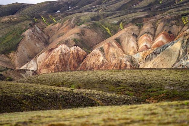 Landmannalaugar Colorful mountains on the Laugavegur hiking trail. Iceland. The combination of layers of multi-colored rocks, minerals, grass and moss.