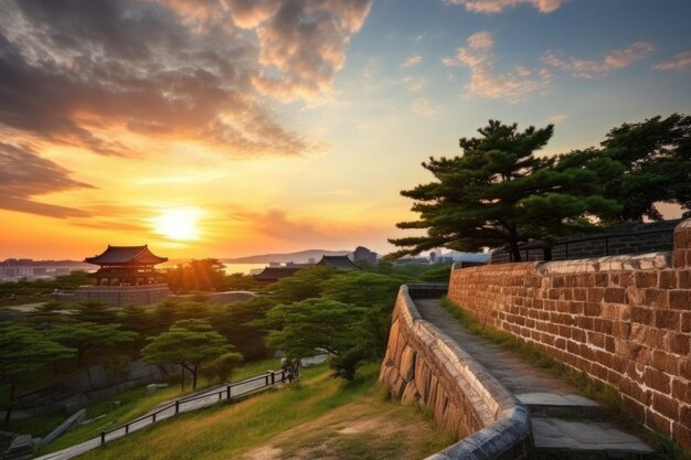 Photo landmark during sunset landscape of hwaseong fortress is a unesco world heritage site summer