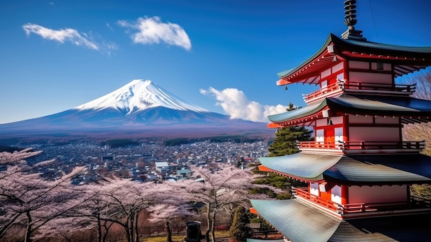 일본 후지요시다 일본의 추레이토 붉은 탑과 후지산의 랜드마크