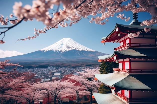 写真 日本のランドマーク 富士田の丘レイトレッドパゴダと富士山