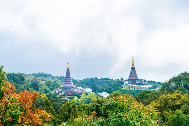 Landmark pagoda in doi Inthanon national park with cloudy sky at Chiang Mai, Thailand.