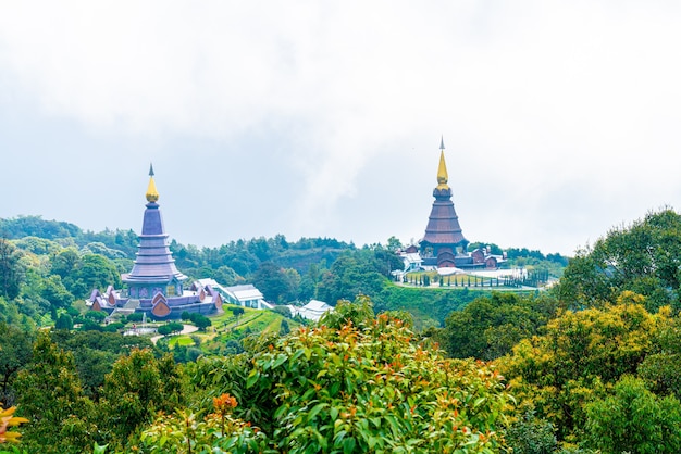 Landmark pagoda in doi Inthanon national park with cloudy sky at Chiang Mai, Thailand.