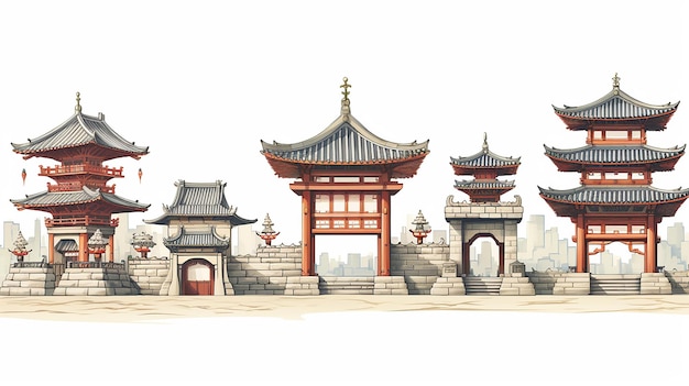 Foto insieme di punti di riferimento dei cancelli dei templi cinesi e degli edifici tradizionali su sfondo bianco