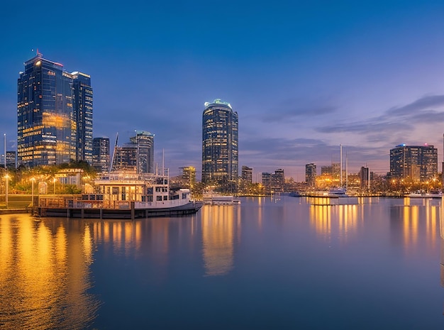 Landmark waterfront urban bay dusk city night view