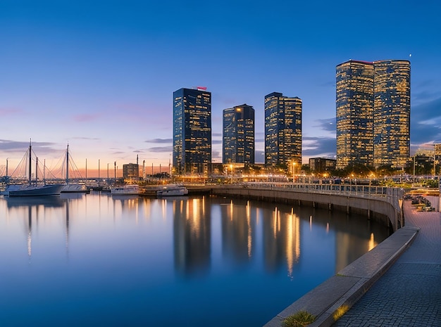 Landmark waterfront urban bay dusk city night view