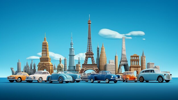 Landmarks of different countries on blue background Travel concept with landmarks