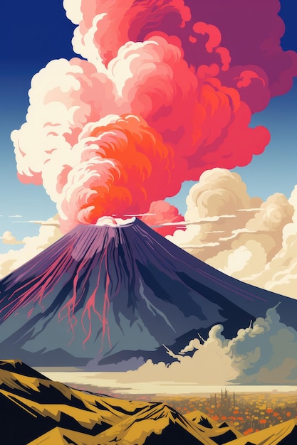 Landmarks of Indonesia illustrations of volcano landscape Generative ai