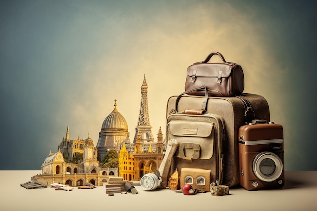 landmarks and travel accessories with copy space