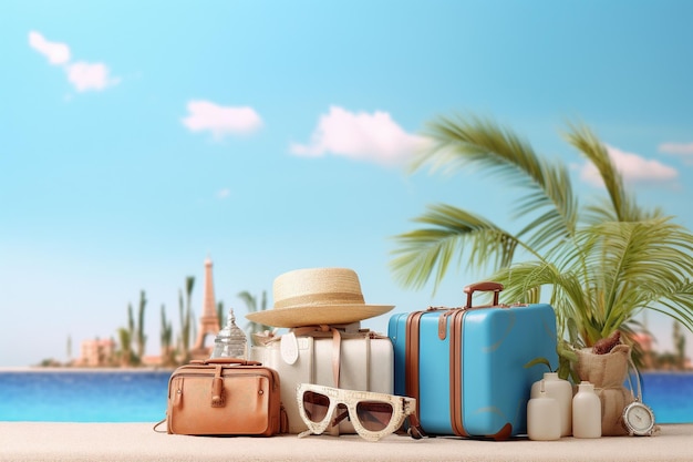 landmarks and travel accessory on summer background 3D rendering with copy space