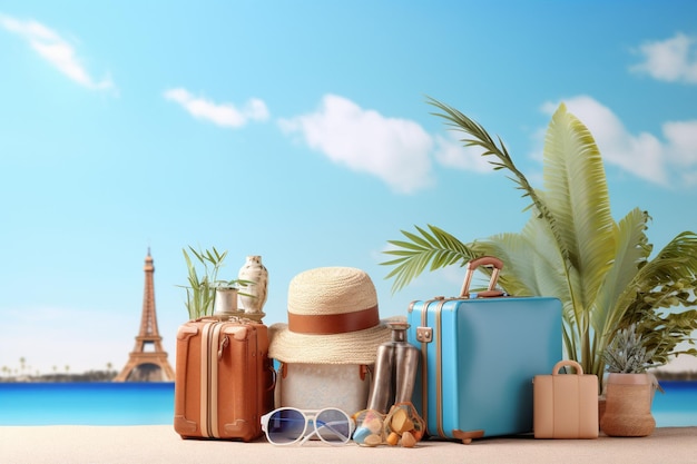 landmarks and travel accessory on summer background 3D rendering with copy space