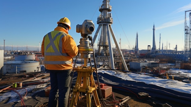 landmeter werk laser optische theodoliet op statief ingenieur controle niveau en inspectie schoorsteen