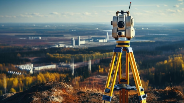 Foto landmeter werk laser optische theodoliet op statief ingenieur controle niveau en inspectie schoorstenen