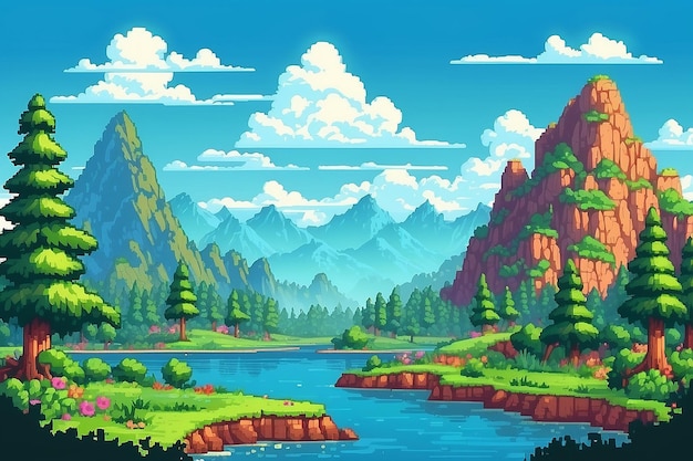 Landscape 8bit pixel art summer natural landscape mountain scenery arcade video game background