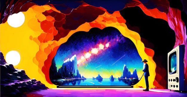 Landscape adventure cave opening dungeon cavern painting mysterious den entrance generative ai for canvas wall art wall painting