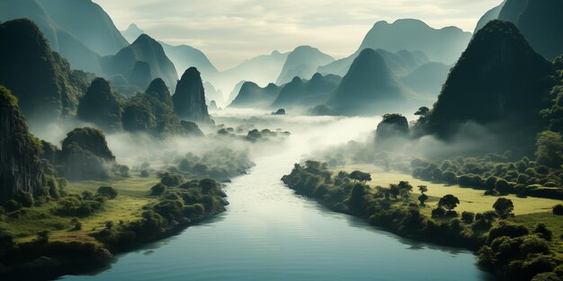 landscape aerial view of a beautiful river valley with fog and karst rocks