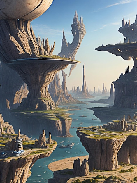 a landscape of an alien city with ships in the sky and nature below in realistic style in metallic