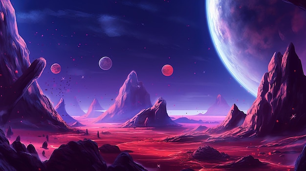 Пейзаж инопланетной планеты в фиолетовом цвете с камнями метеоритами астероидами и планетами