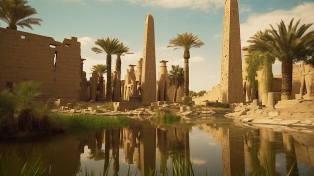 湖とピラミッドのある古代エジプトの風景。