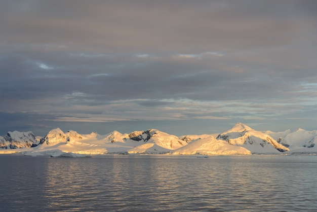 Landscape in Antarctica at sunset