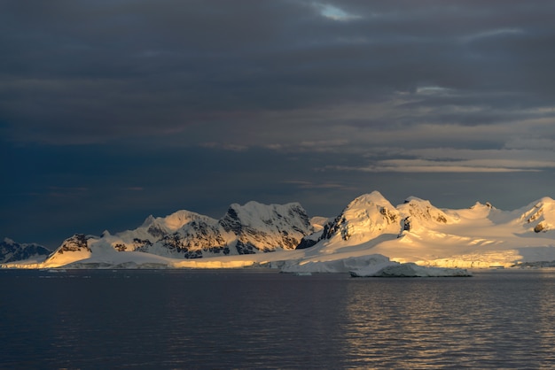 Landscape in Antarctica at sunset