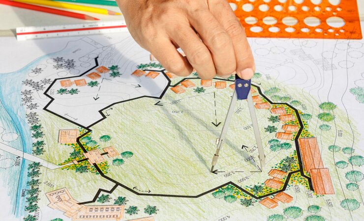 Photo landscape architect design blueprint for resort
