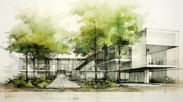landscape architecture building with trees in a sketch in the style of translucent overlapping