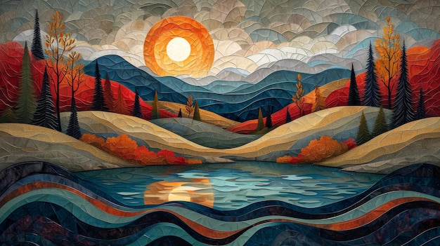 Landscape art pop art deco colorful painting with hills and lakes