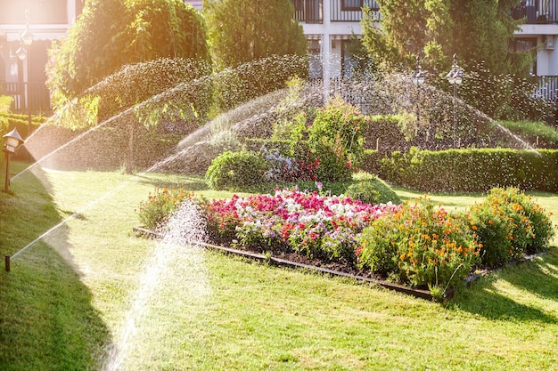 Landscape Automatic Garden Watering System with Sprinklers Landscape Design with Lawn Flower Bed