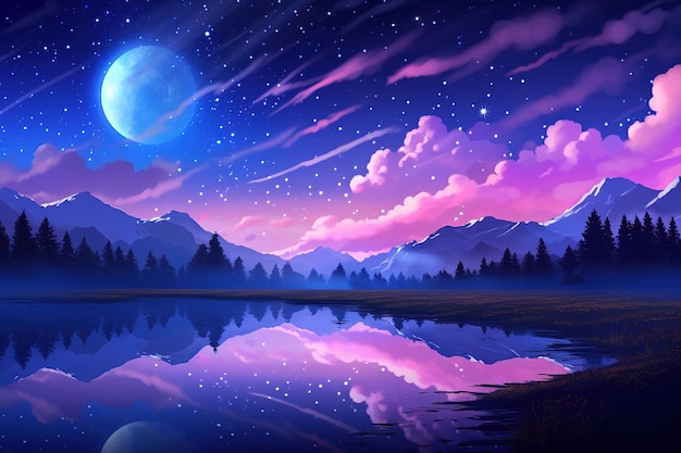 Landscape background dark sky and stars with a colorful fractal nebula