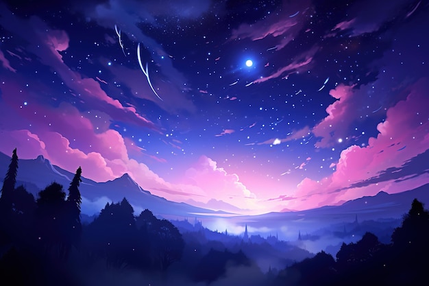 Landscape background dark sky and stars with a colorful fractal nebula